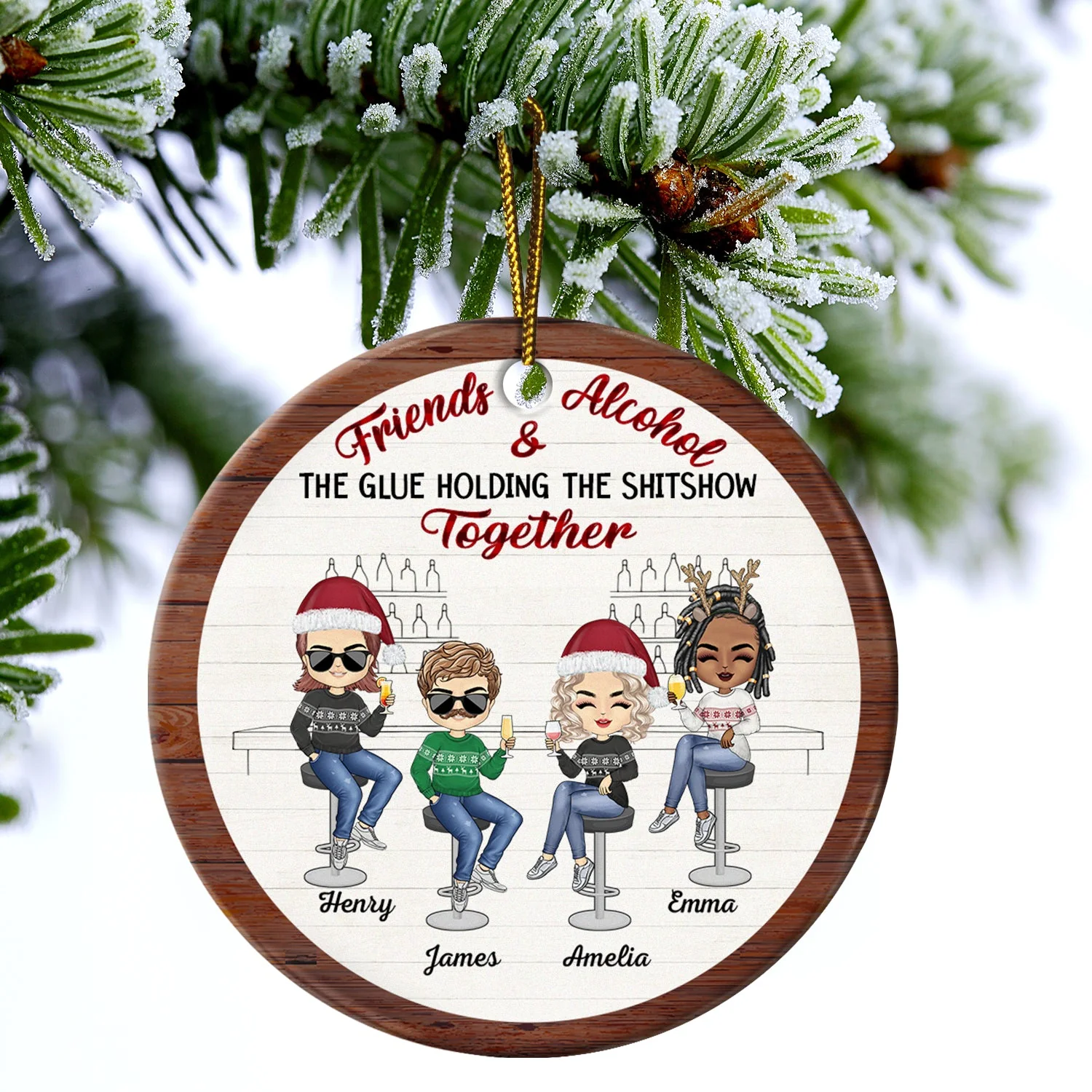 Christmas Bestie Friends & Alcohol The Glue Holding Together - Gift For Bestie - Personalized Circle Ceramic Ornament - Image 4