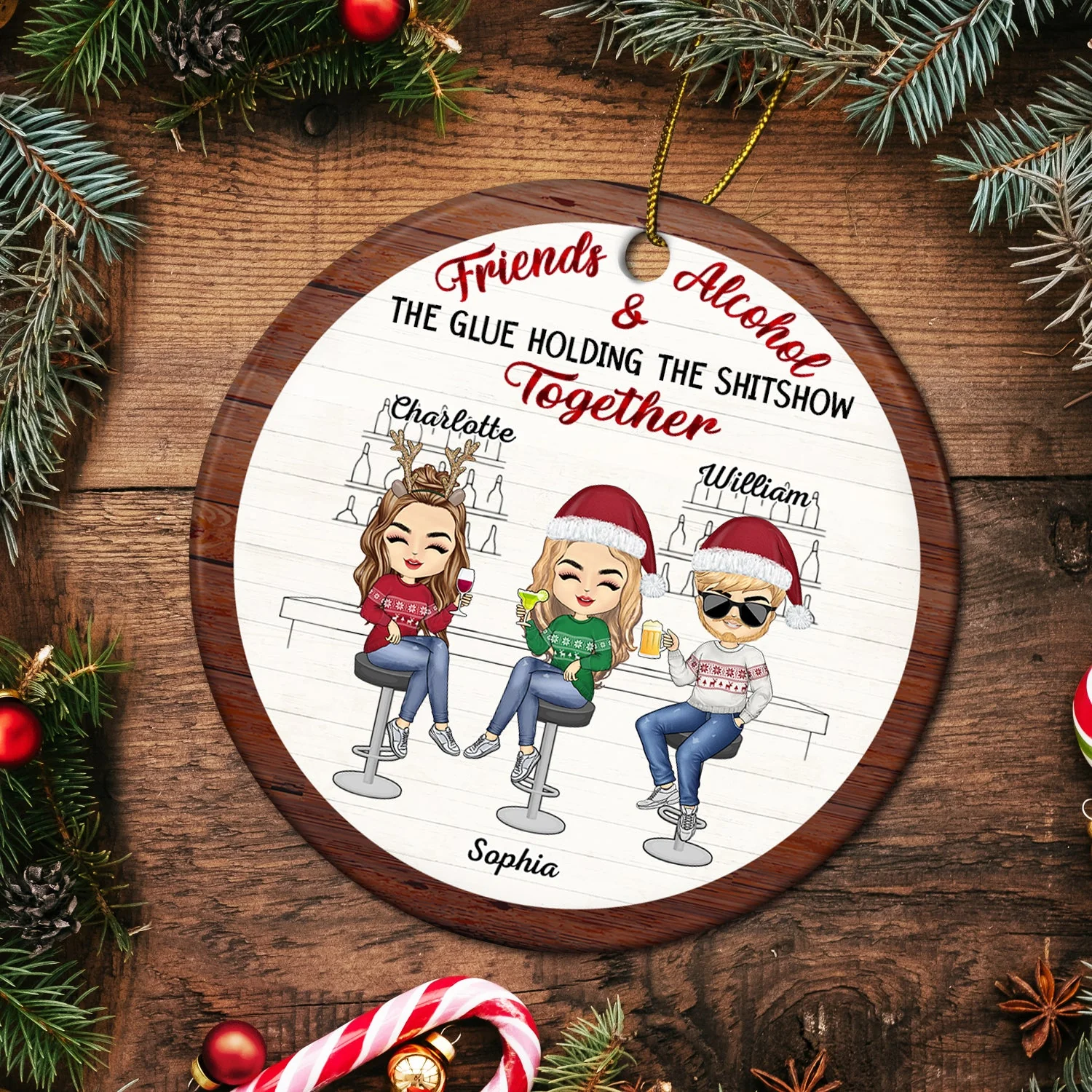 Christmas Bestie Friends & Alcohol The Glue Holding Together - Gift For Bestie - Personalized Circle Ceramic Ornament - Image 5
