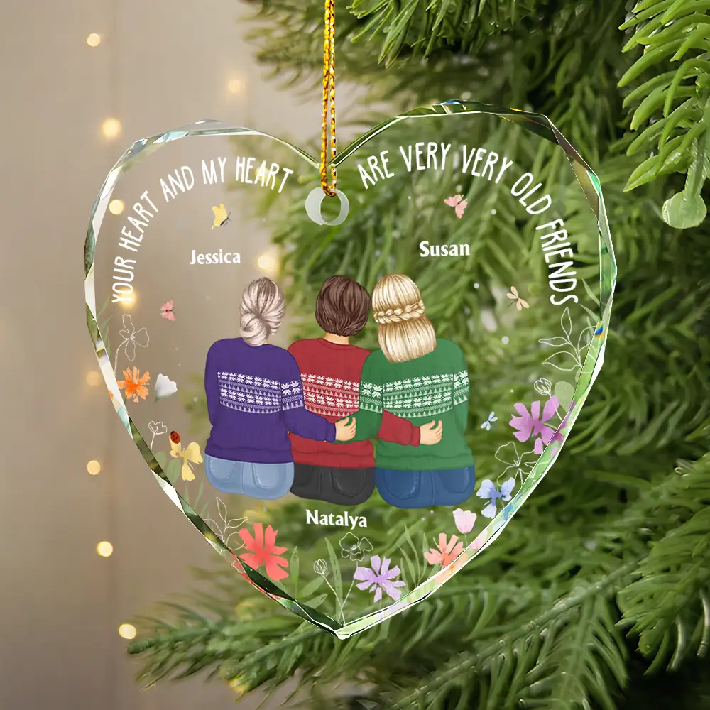 Christmas Bestie Old Best Friends - Personalized Heart Shaped Glass Ornament - Image 2