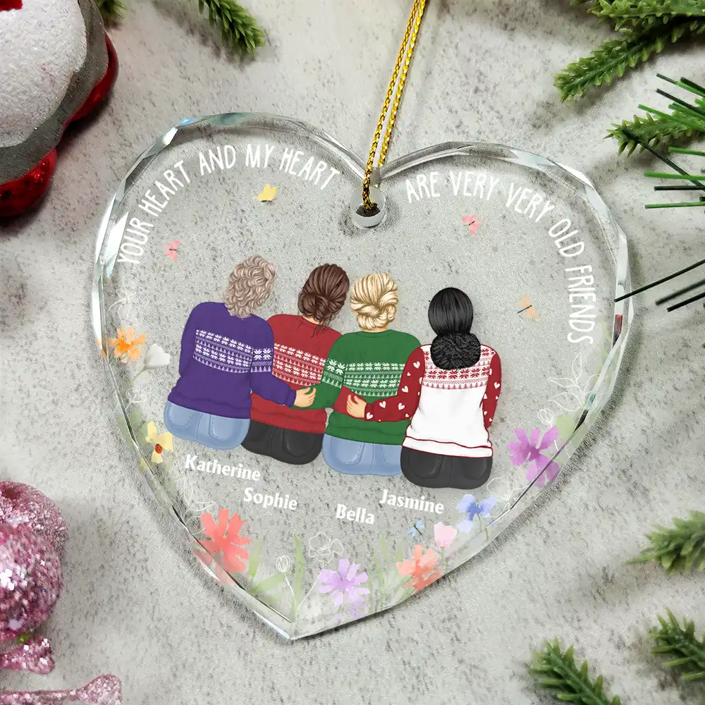 Christmas Bestie Old Best Friends - Personalized Heart Shaped Glass Ornament - Image 4