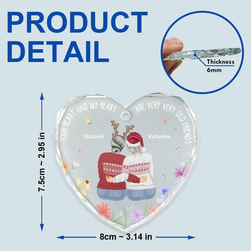 Christmas Bestie Old Best Friends - Personalized Heart Shaped Glass Ornament - Image 5