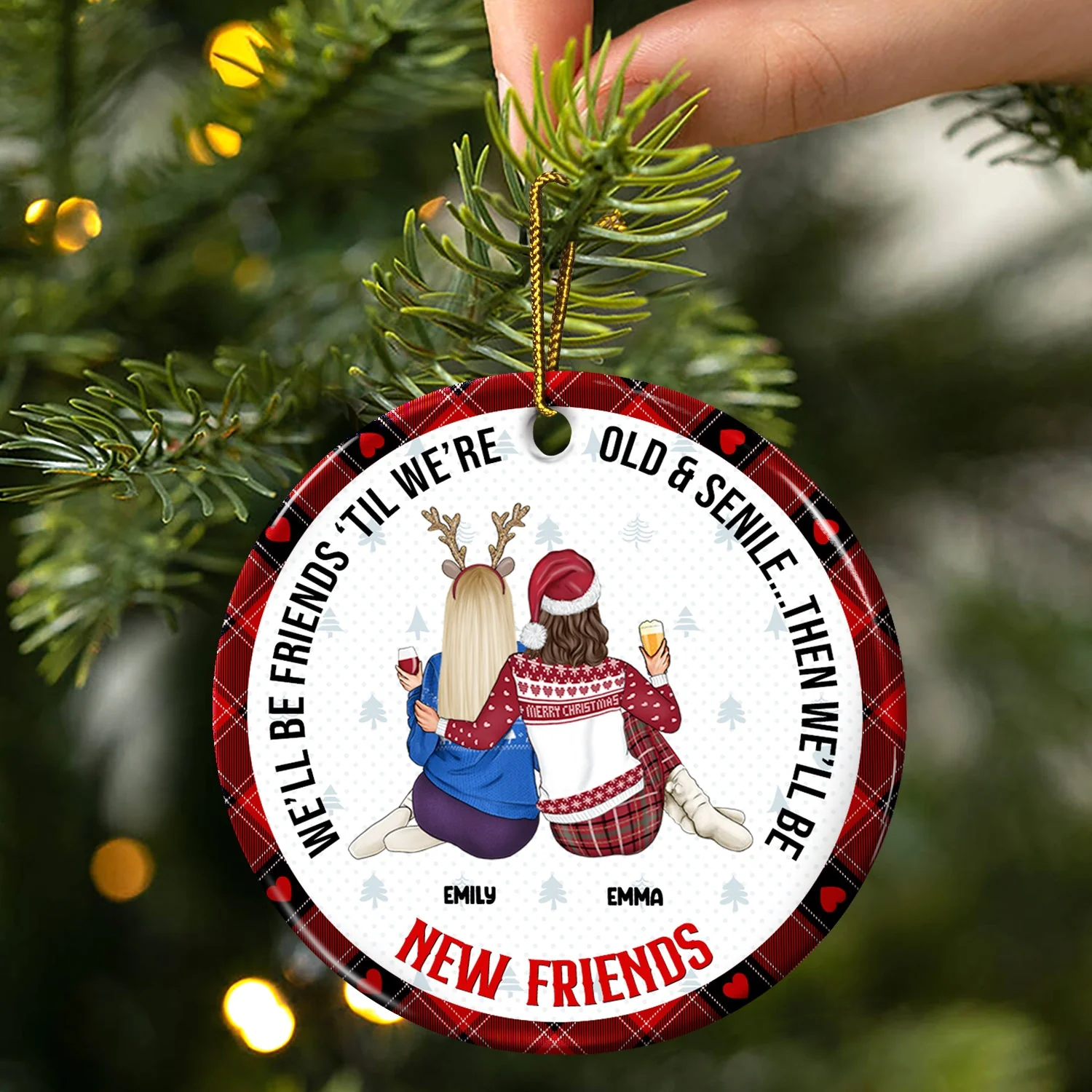 Christmas Bestie Old & Senile Then We'll Be New Best Friends - Gift For Bestie - Personalized Circle Ceramic Ornament - Image 3