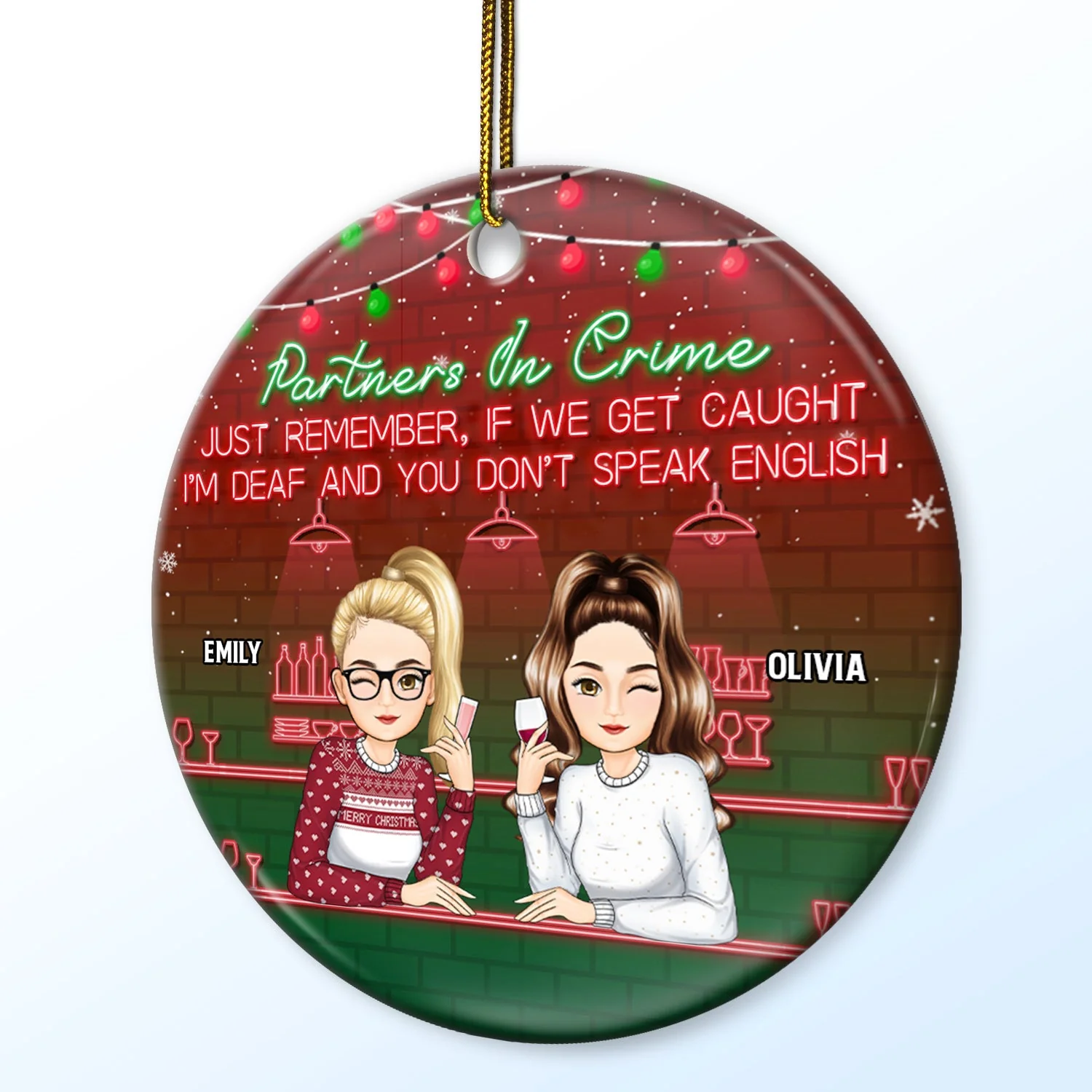 Christmas Bestie Partners In Crime - Gift For Bestie - Personalized Circle Ceramic Ornament - Image 2