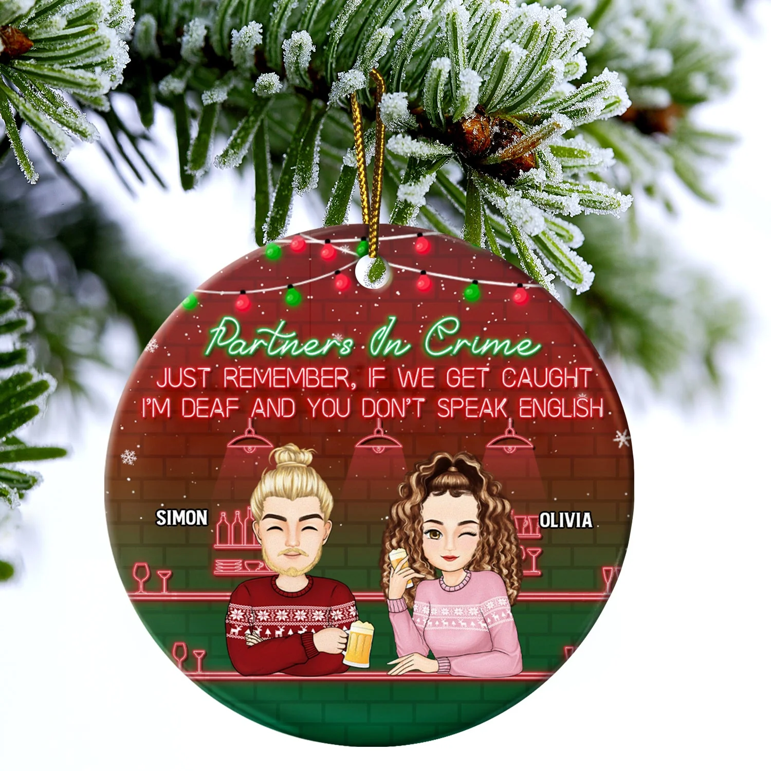 Christmas Bestie Partners In Crime - Gift For Bestie - Personalized Circle Ceramic Ornament - Image 4