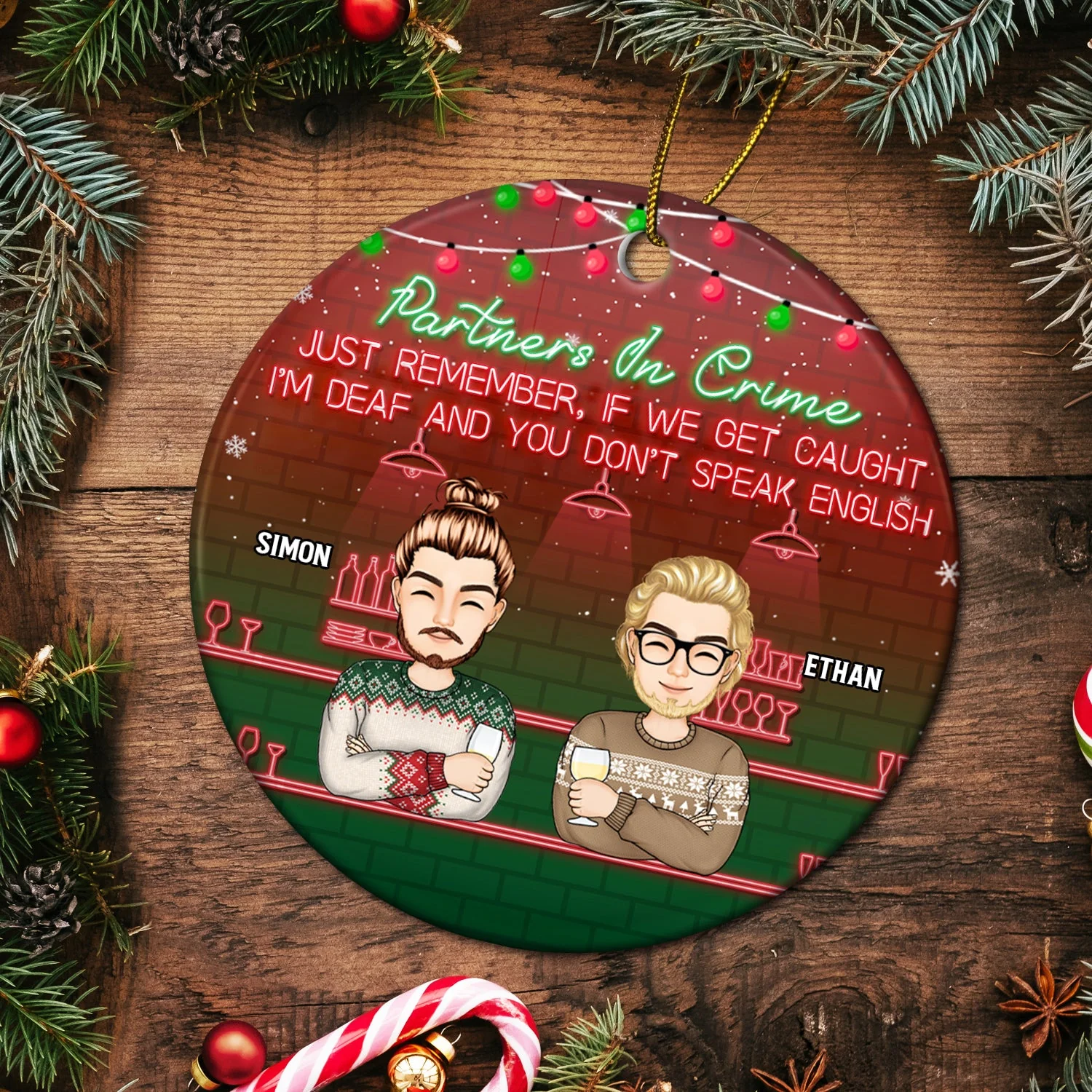 Christmas Bestie Partners In Crime - Gift For Bestie - Personalized Circle Ceramic Ornament - Image 5