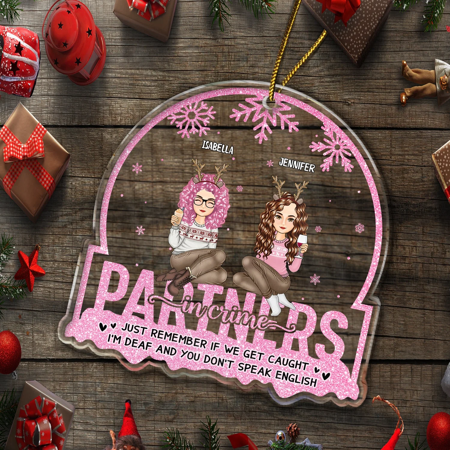 Christmas Bestie Partners In Crime Glitter - Gift For Bestie - Personalized Custom Shaped Acrylic Ornament - Image 5