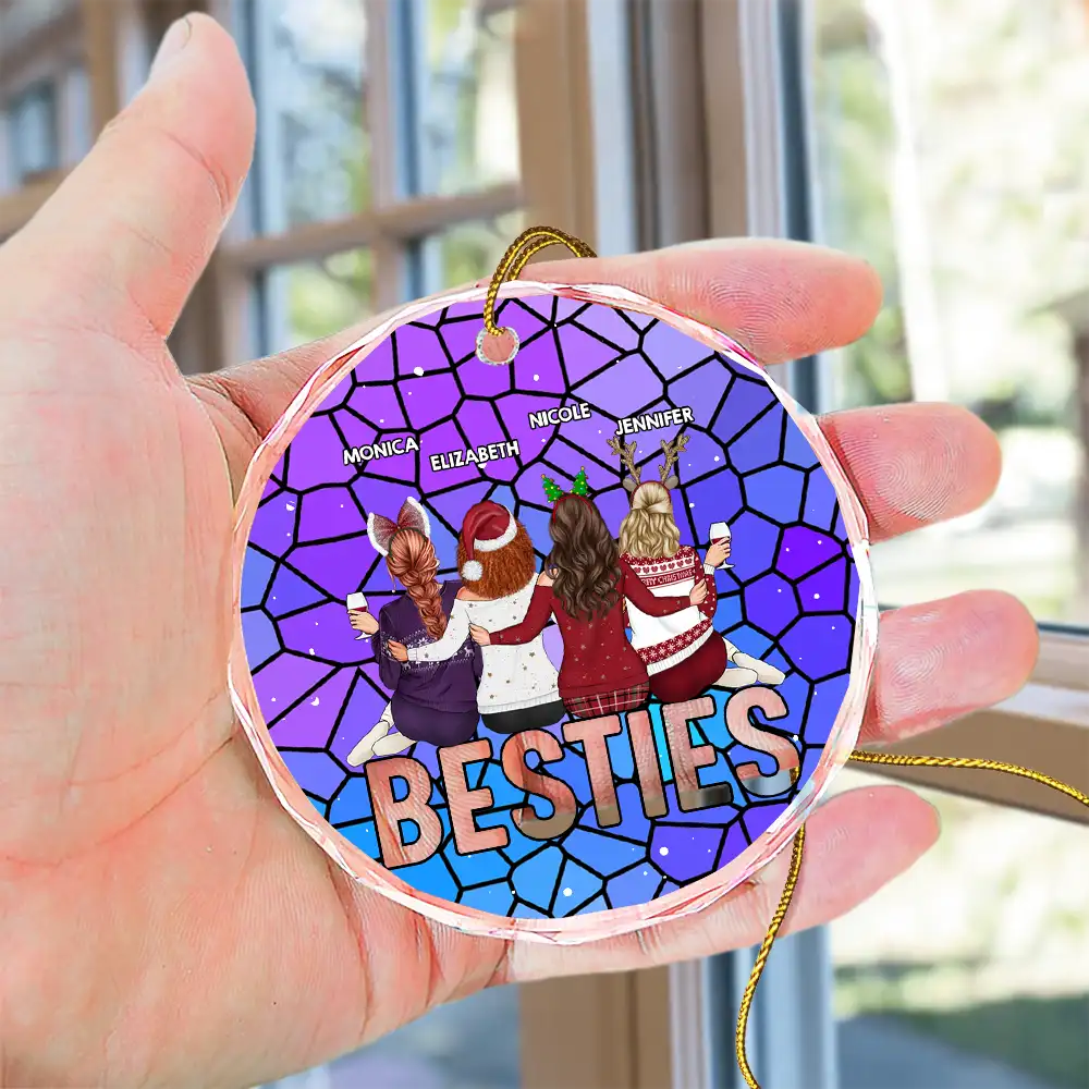 Christmas Bestie Sitting - Personalized Circle Glass Ornament - Image 4