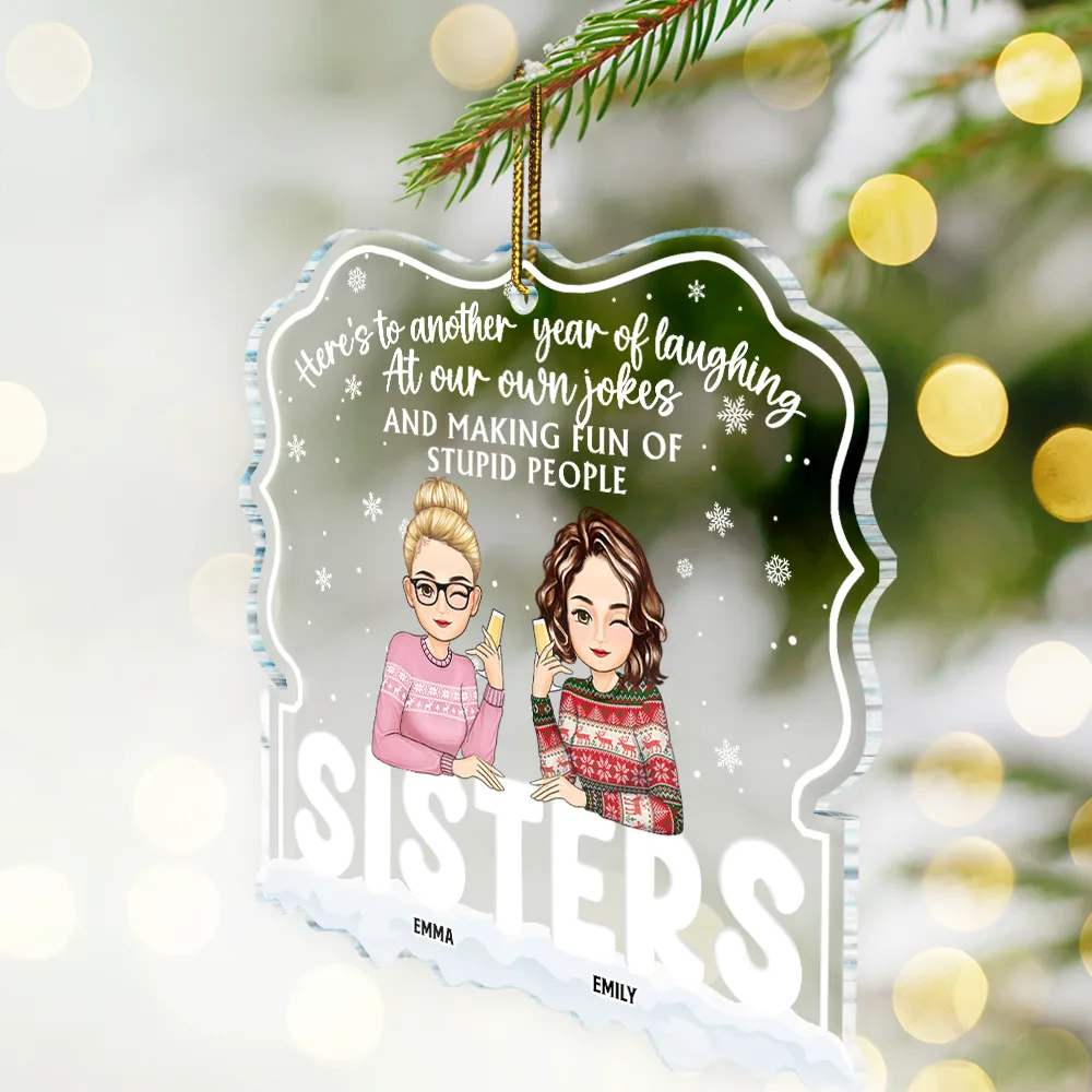 Christmas Besties Cartoon Drinking Here's To Another Year - Personalized Custom Shaped Acrylic Ornament - Image 2