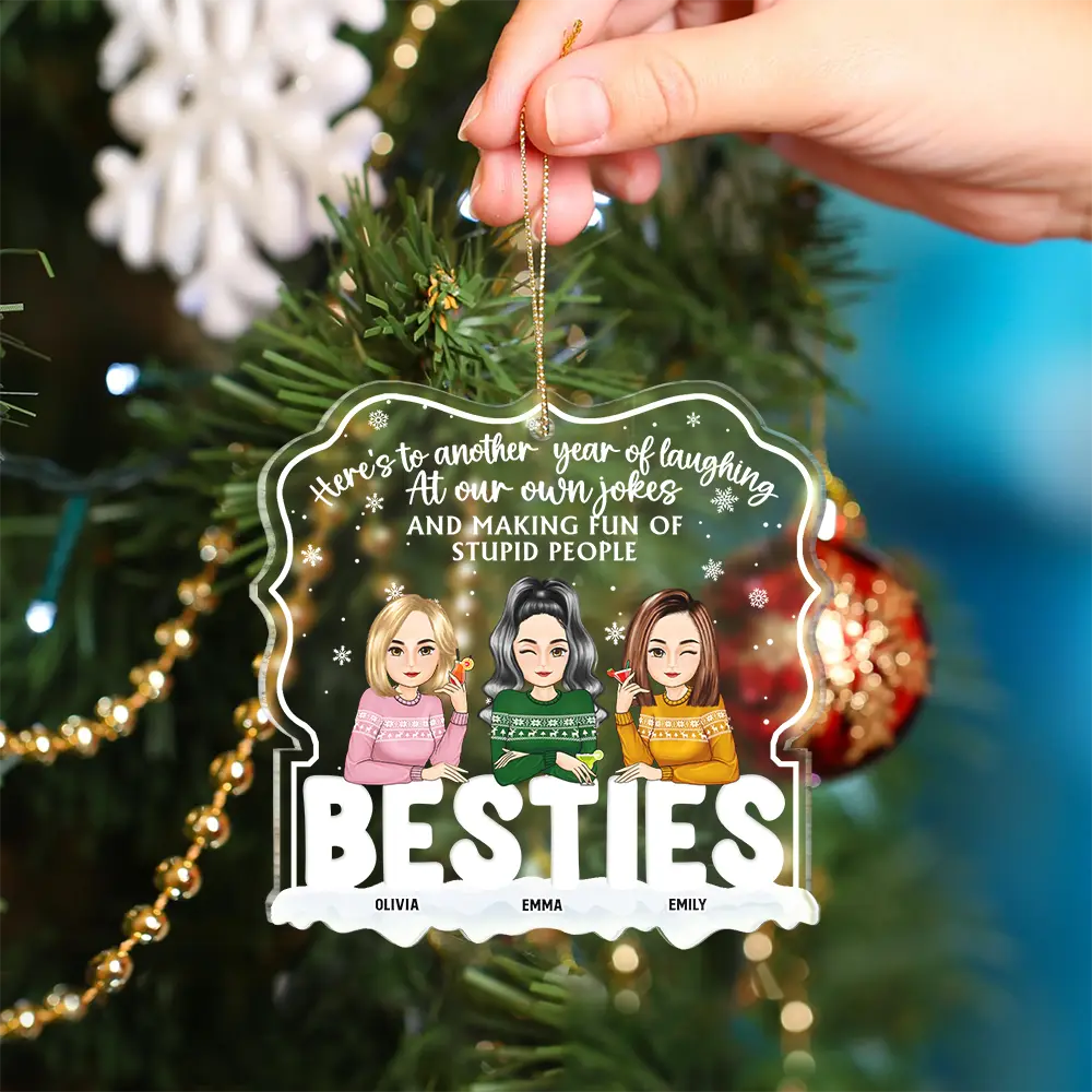 Christmas Besties Cartoon Drinking Here's To Another Year - Personalized Custom Shaped Acrylic Ornament - Image 4