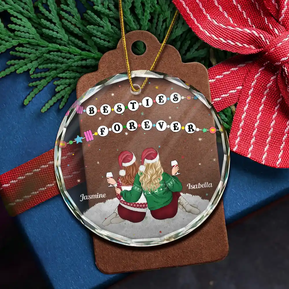Christmas Besties Forever Bracelets - Personalized Circle Glass Ornament - Image 5