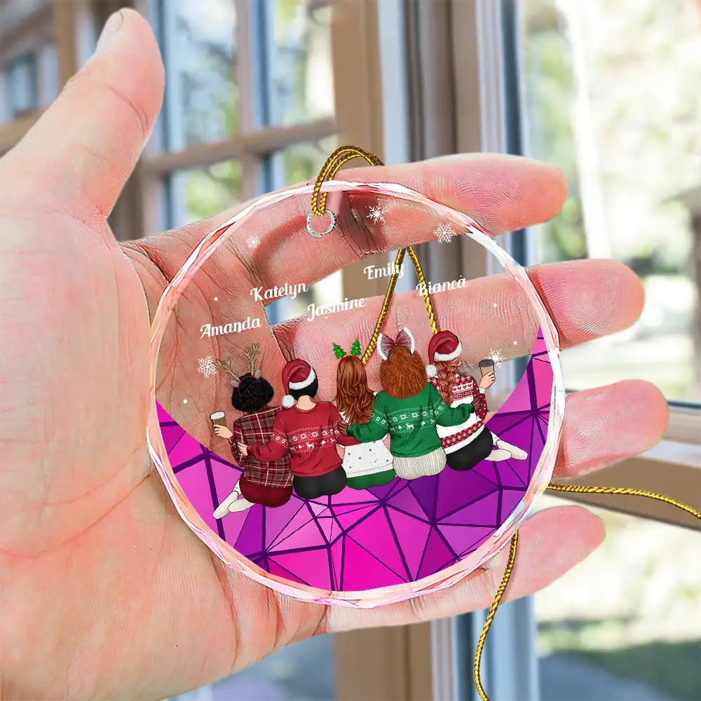 Christmas Besties Sister Sitting On The Moon - Personalized Circle Glass Ornament - Image 4
