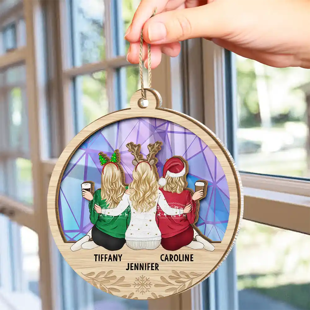 Christmas Besties Sister Sitting Together - Personalized Suncatcher Ornament - Image 4