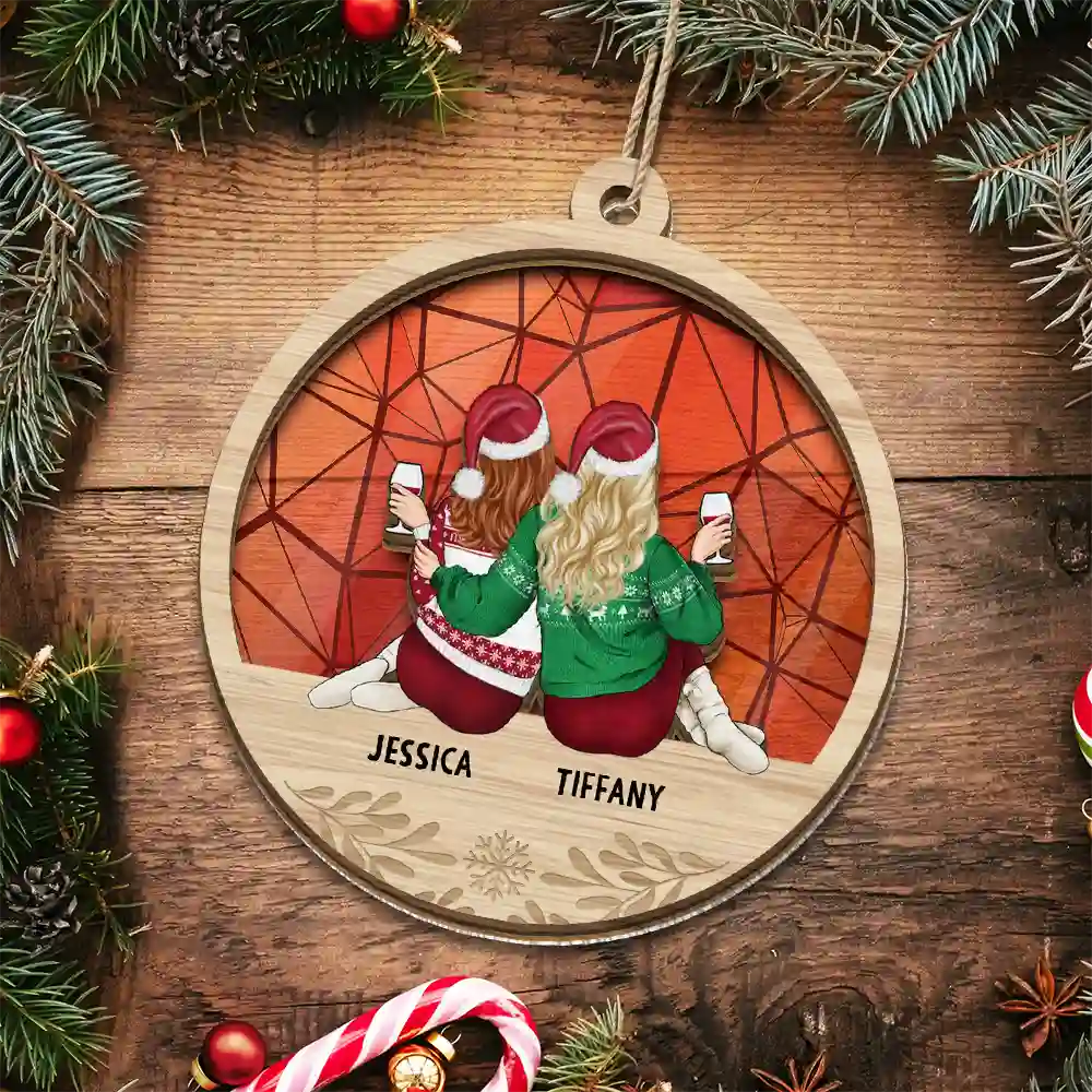 Christmas Besties Sister Sitting Together - Personalized Suncatcher Ornament - Image 6
