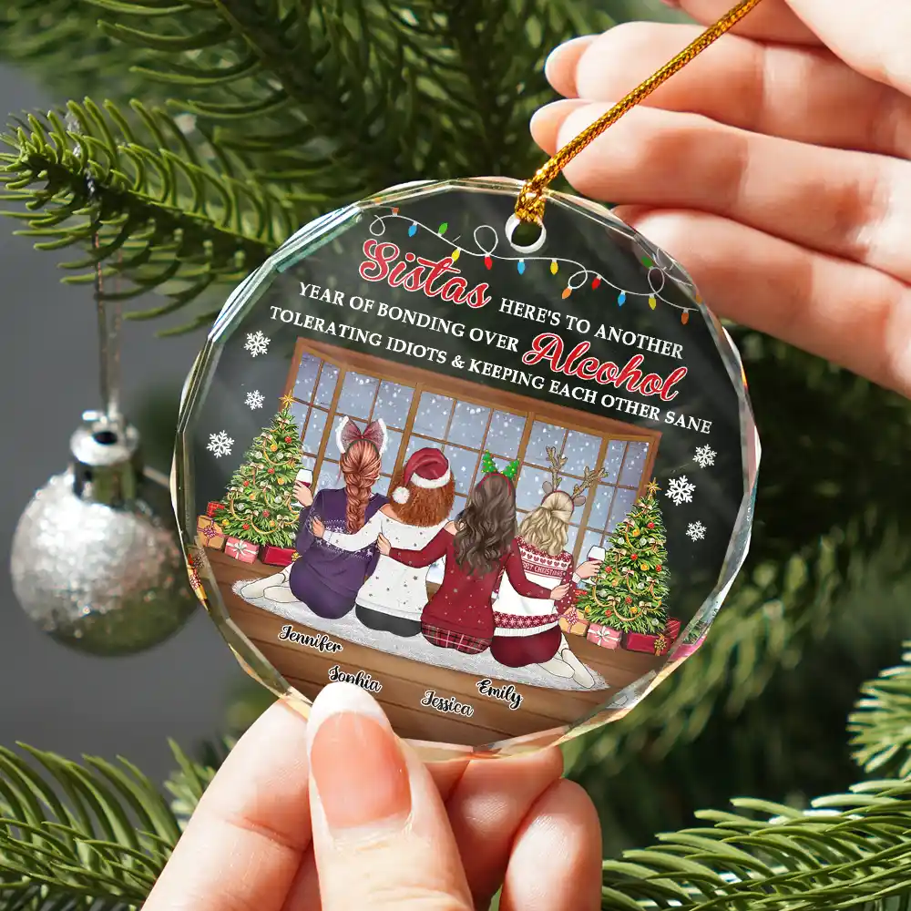 Christmas Besties Sisters Keeping Each Other Sane - Personalized Circle Glass Ornament - Image 2