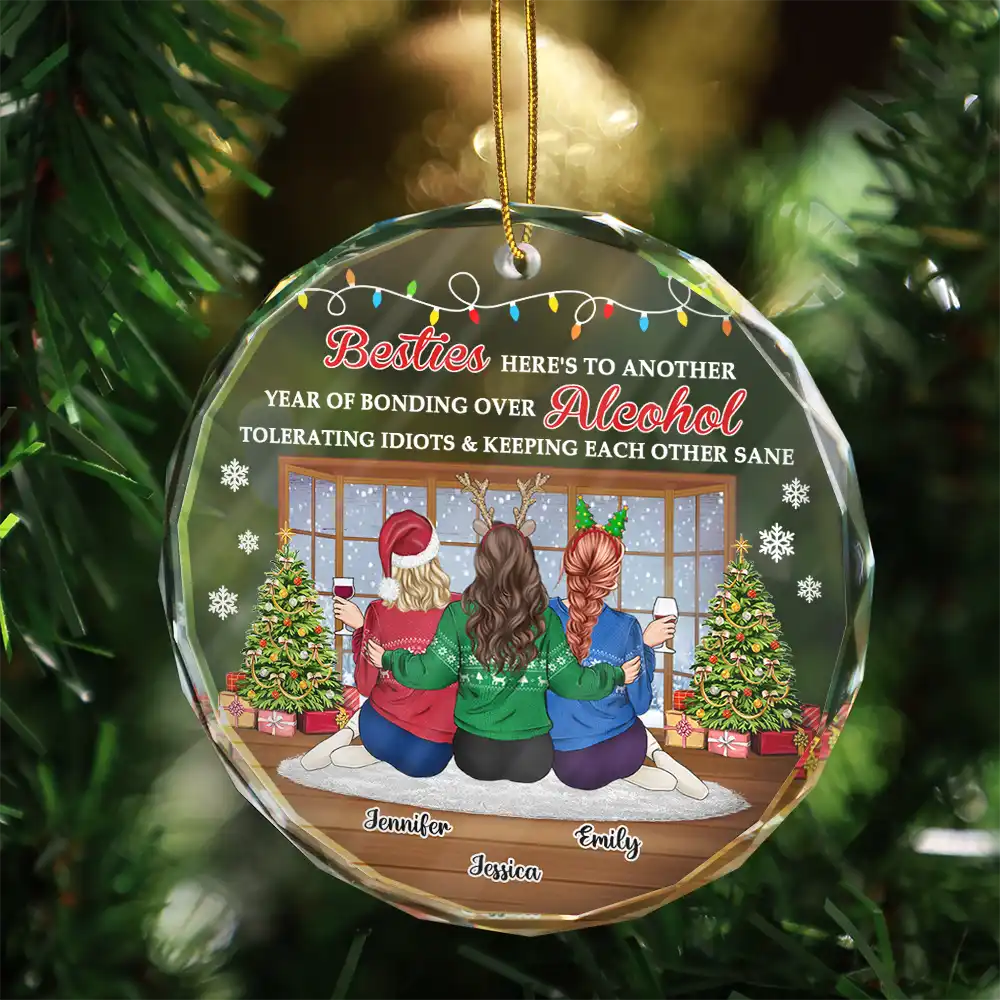 Christmas Besties Sisters Keeping Each Other Sane - Personalized Circle Glass Ornament - Image 3