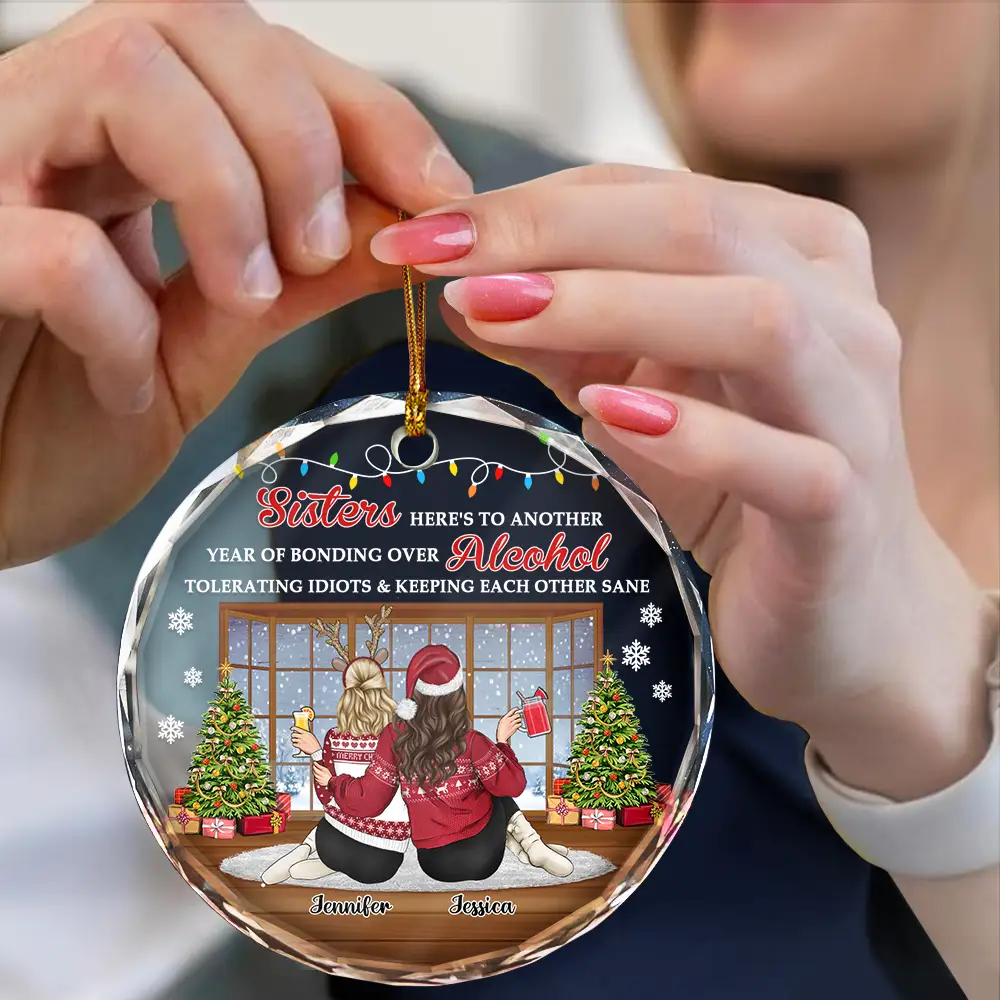 Christmas Besties Sisters Keeping Each Other Sane - Personalized Circle Glass Ornament - Image 4