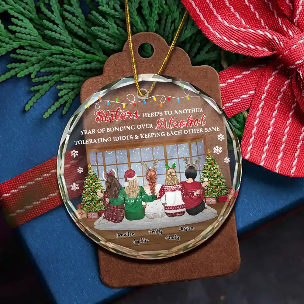 Christmas Besties Sisters Keeping Each Other Sane - Personalized Circle Glass Ornament - Image 5