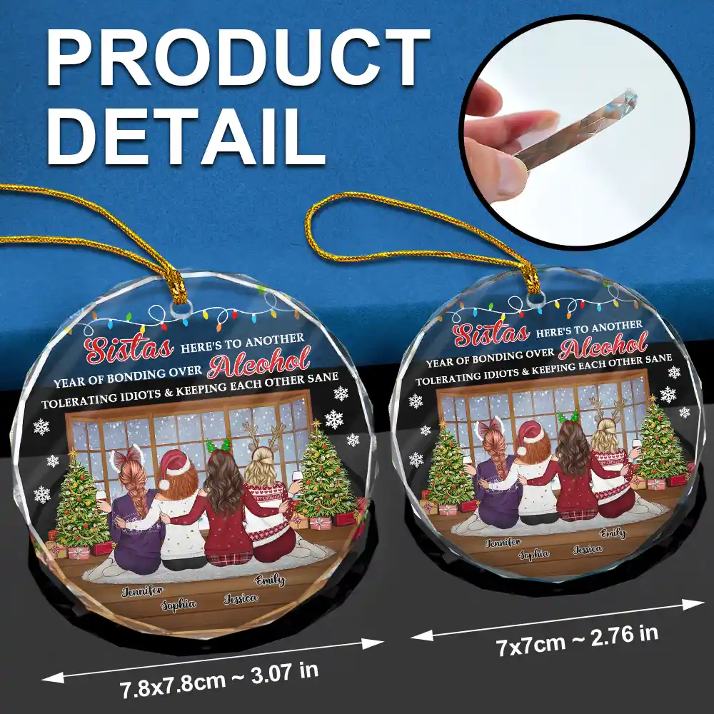 Christmas Besties Sisters Keeping Each Other Sane - Personalized Circle Glass Ornament - Image 6