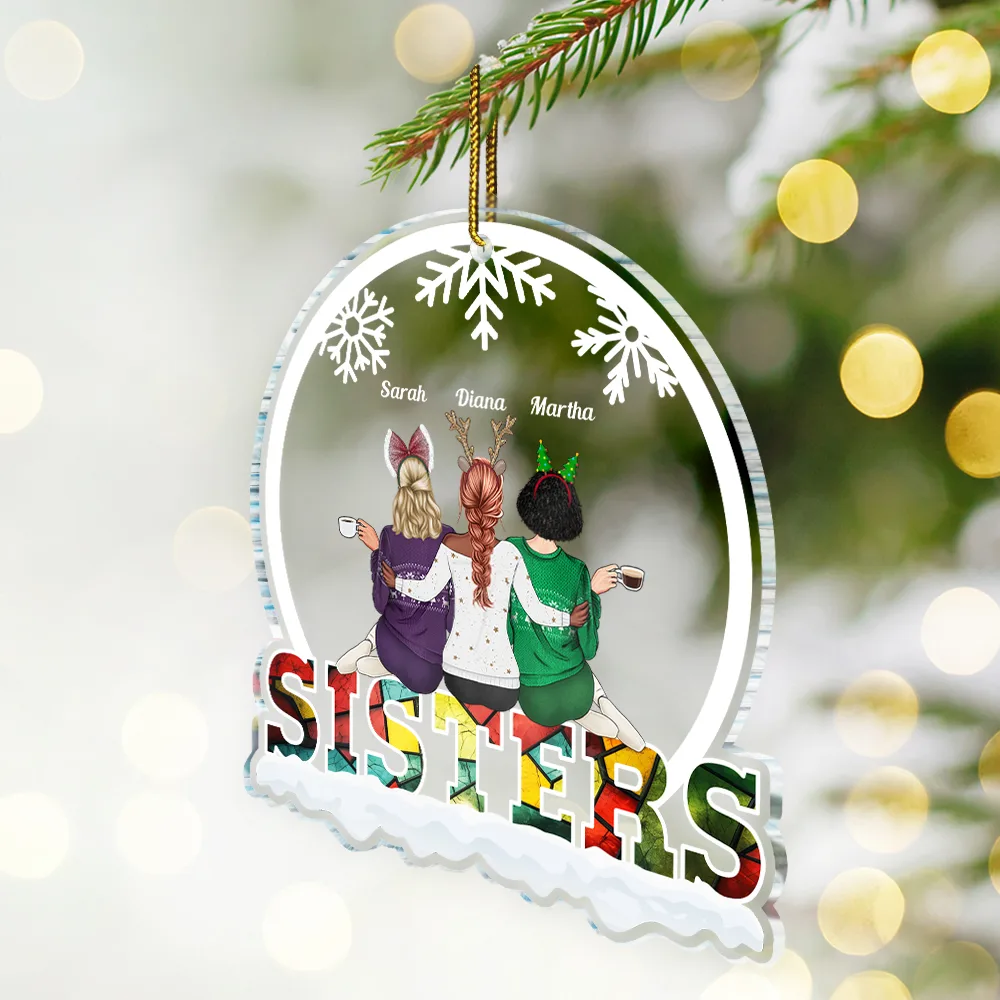 Christmas Besties Sisters Sitting Together - Personalized Custom Shaped Acrylic Ornament - Image 2
