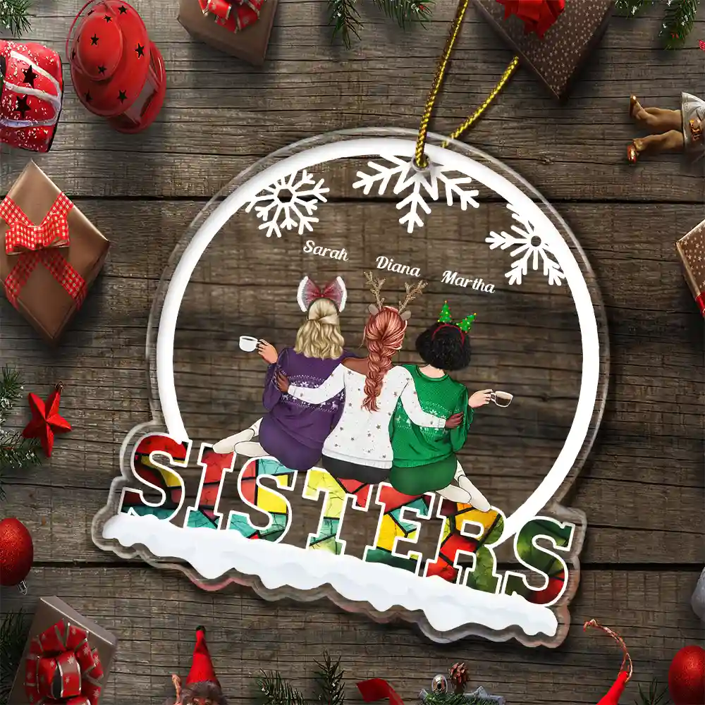 Christmas Besties Sisters Sitting Together - Personalized Custom Shaped Acrylic Ornament - Image 5