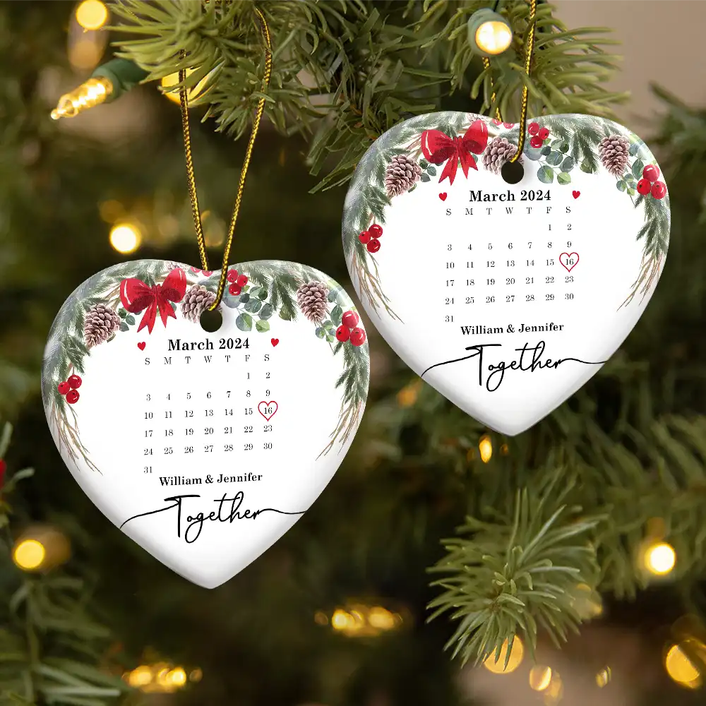 Christmas Calendar Couple Married Engaged - Personalized Heart Ceramic Ornament - Image 2