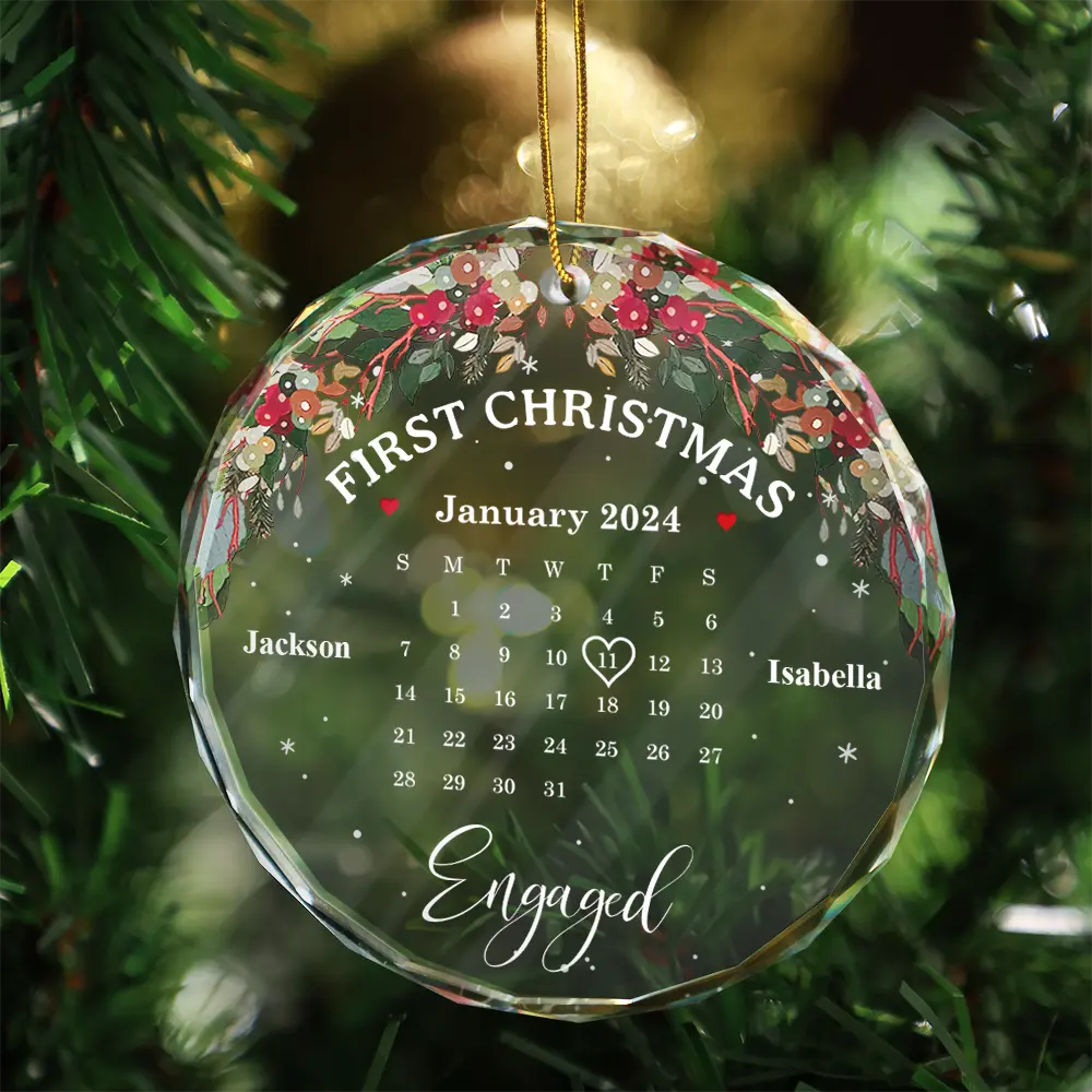 Christmas Calendar First Christmas Couple - Personalized Circle Glass Ornament - Image 3