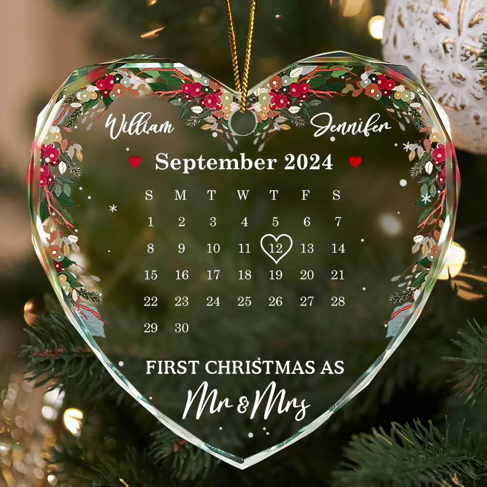 Christmas Calendar First Christmas Couple - Personalized Heart Shaped Glass Ornament