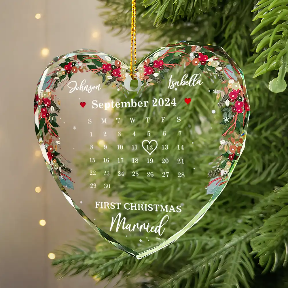 Christmas Calendar First Christmas Couple - Personalized Heart Shaped Glass Ornament - Image 2
