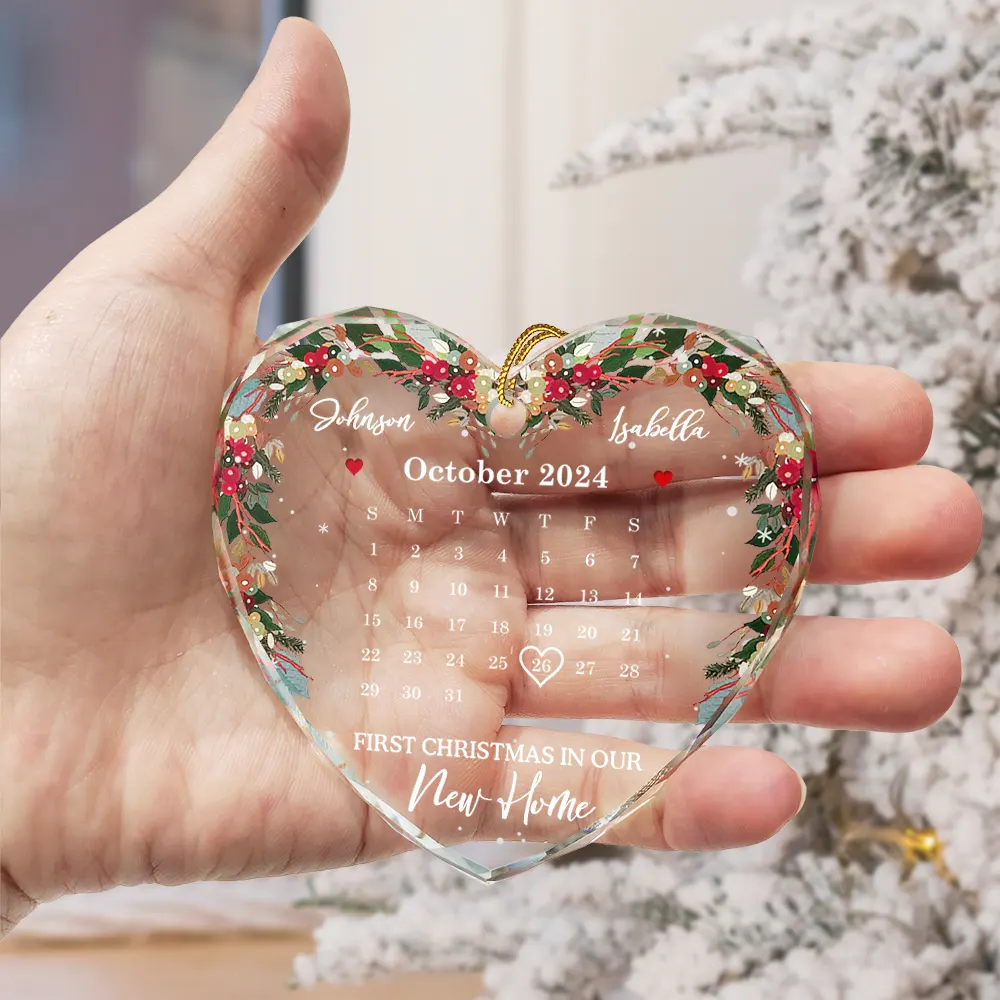 Christmas Calendar First Christmas Couple - Personalized Heart Shaped Glass Ornament - Image 3