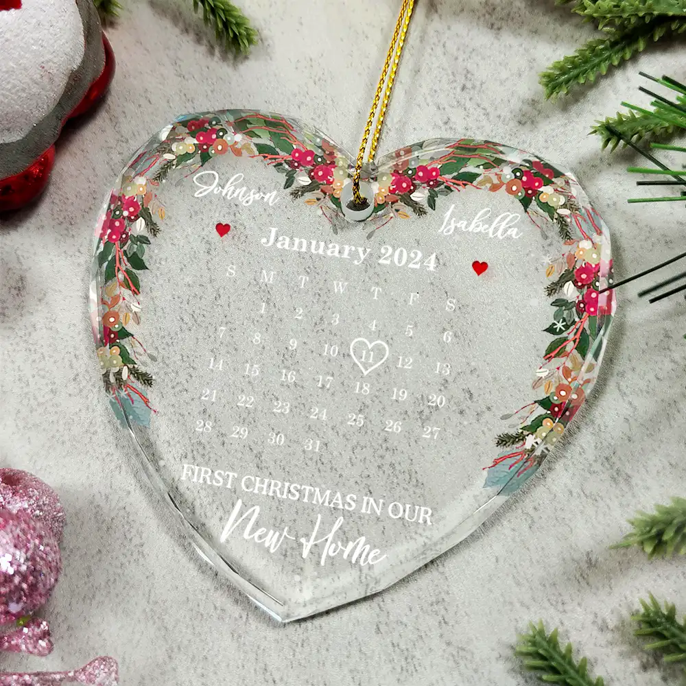 Christmas Calendar First Christmas Couple - Personalized Heart Shaped Glass Ornament - Image 4
