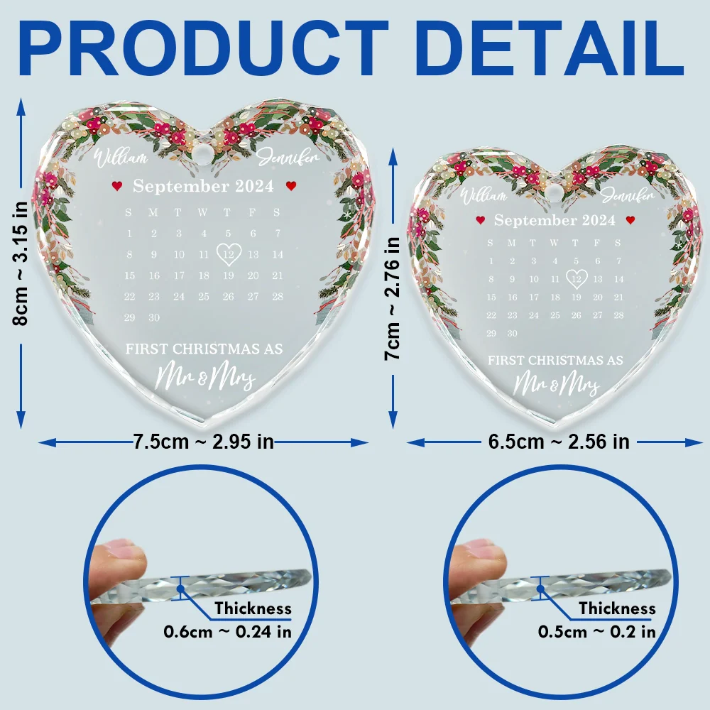 Christmas Calendar First Christmas Couple - Personalized Heart Shaped Glass Ornament - Image 5