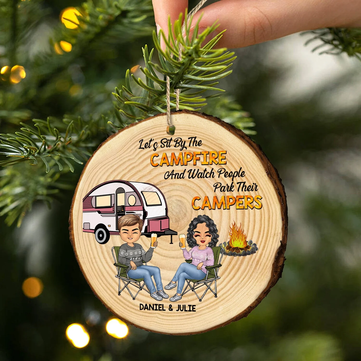 Christmas Camping Couple Sit By The Campfire - Gift For Couples - Personalized Wood Slice Ornament - Image 2