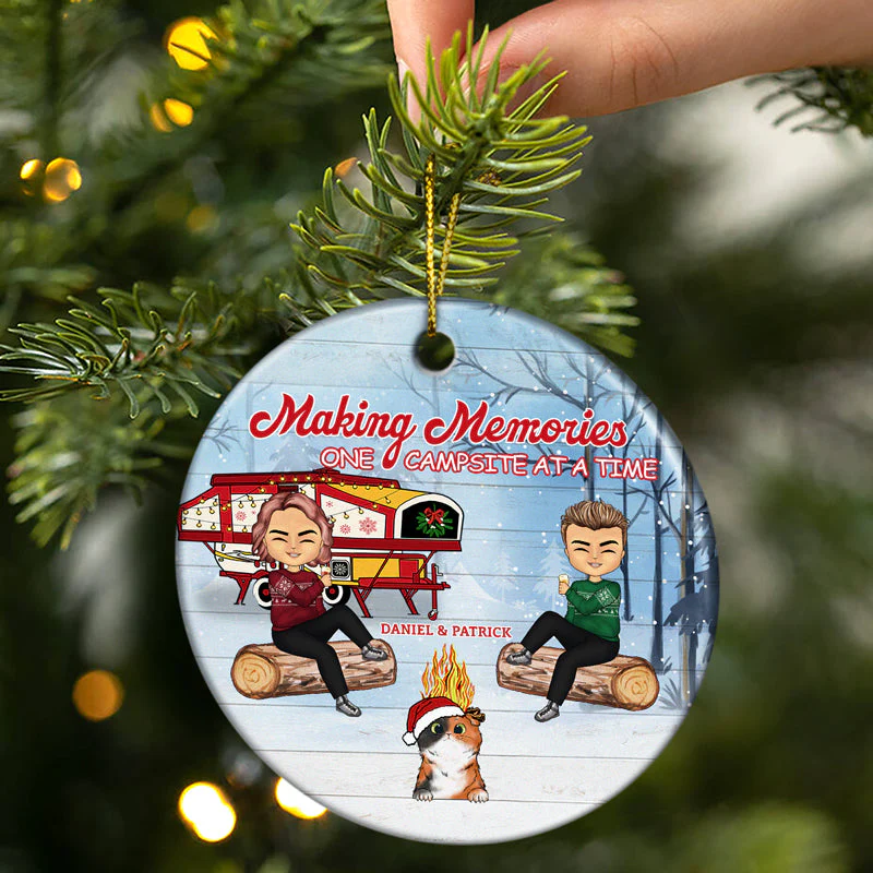 Christmas Camping Pet Lovers Couple Happy Campers - Personalized Custom Circle Ceramic Ornament - Image 2