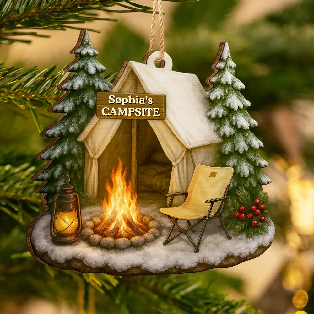 Christmas Campsite Scene - Personalized Custom Shaped Wooden Ornament - Image 3