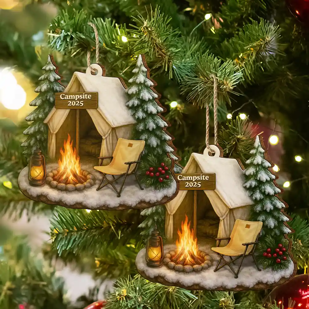 Christmas Campsite Scene - Personalized Custom Shaped Wooden Ornament - Image 6