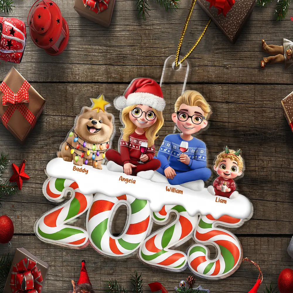 Christmas Candy 3D Effect Family Sitting - Personalized Custom Shaped Acrylic Ornament - Image 5