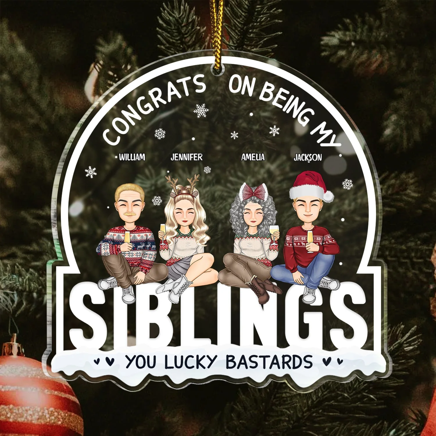 Christmas Cartoon Congrats On Being My Siblings - Gift For Brothers & Sisters - Personalized Custom Shaped Acrylic Ornament - Image 3