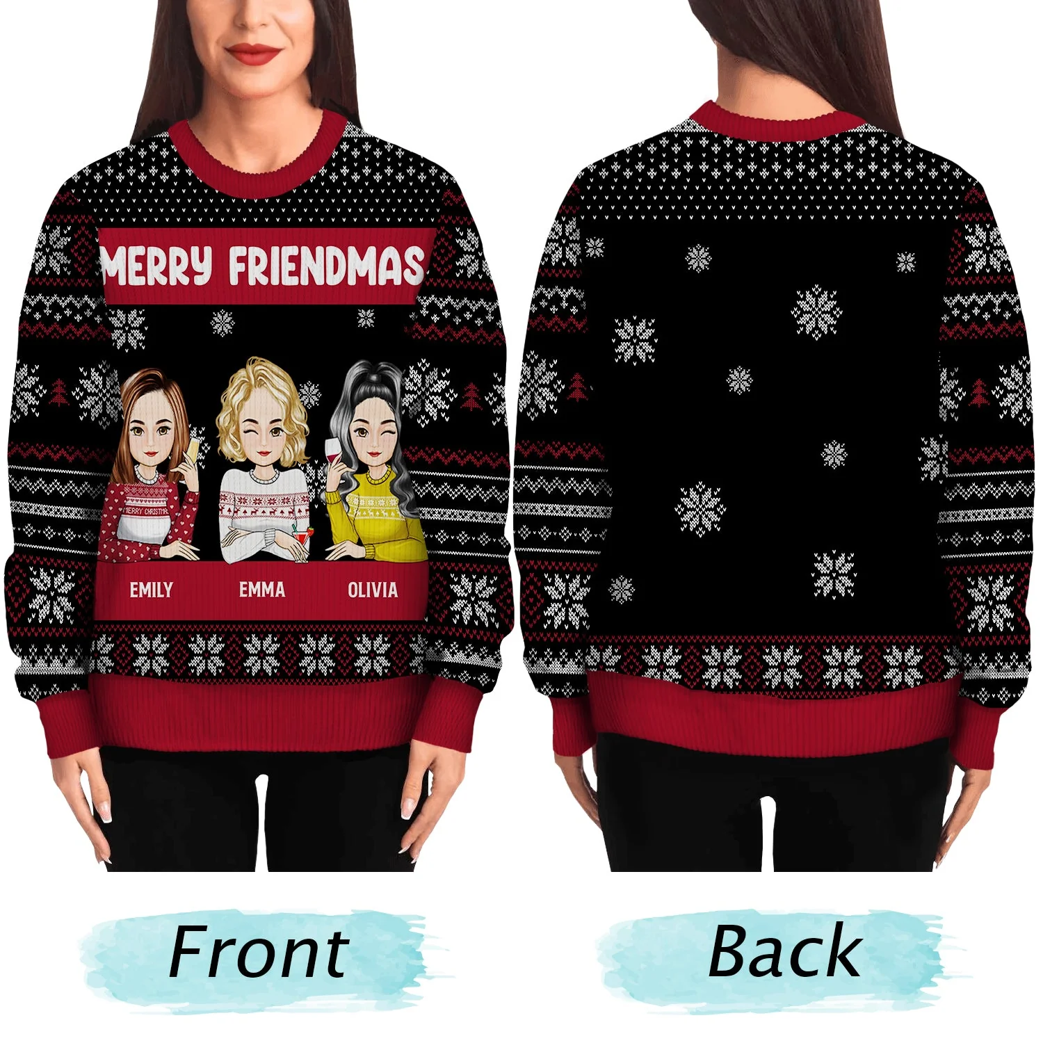 Christmas Cartoon Drinking Bestie Merry Friendmas - Gift For Bestie - Personalized Unisex Ugly Sweater - Image 5