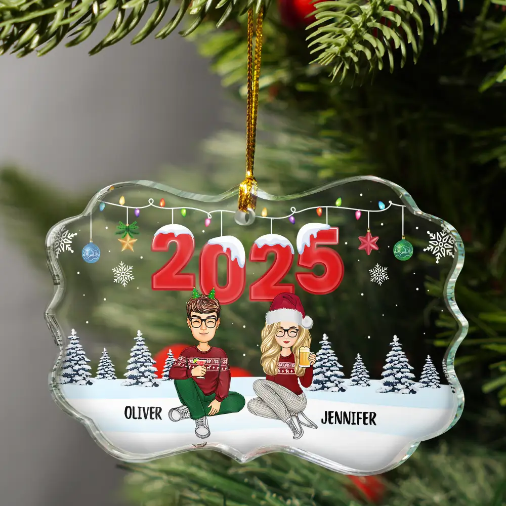 Christmas Cartoon Family Dog Cat - Personalized Medallion Glass Ornament - Image 3
