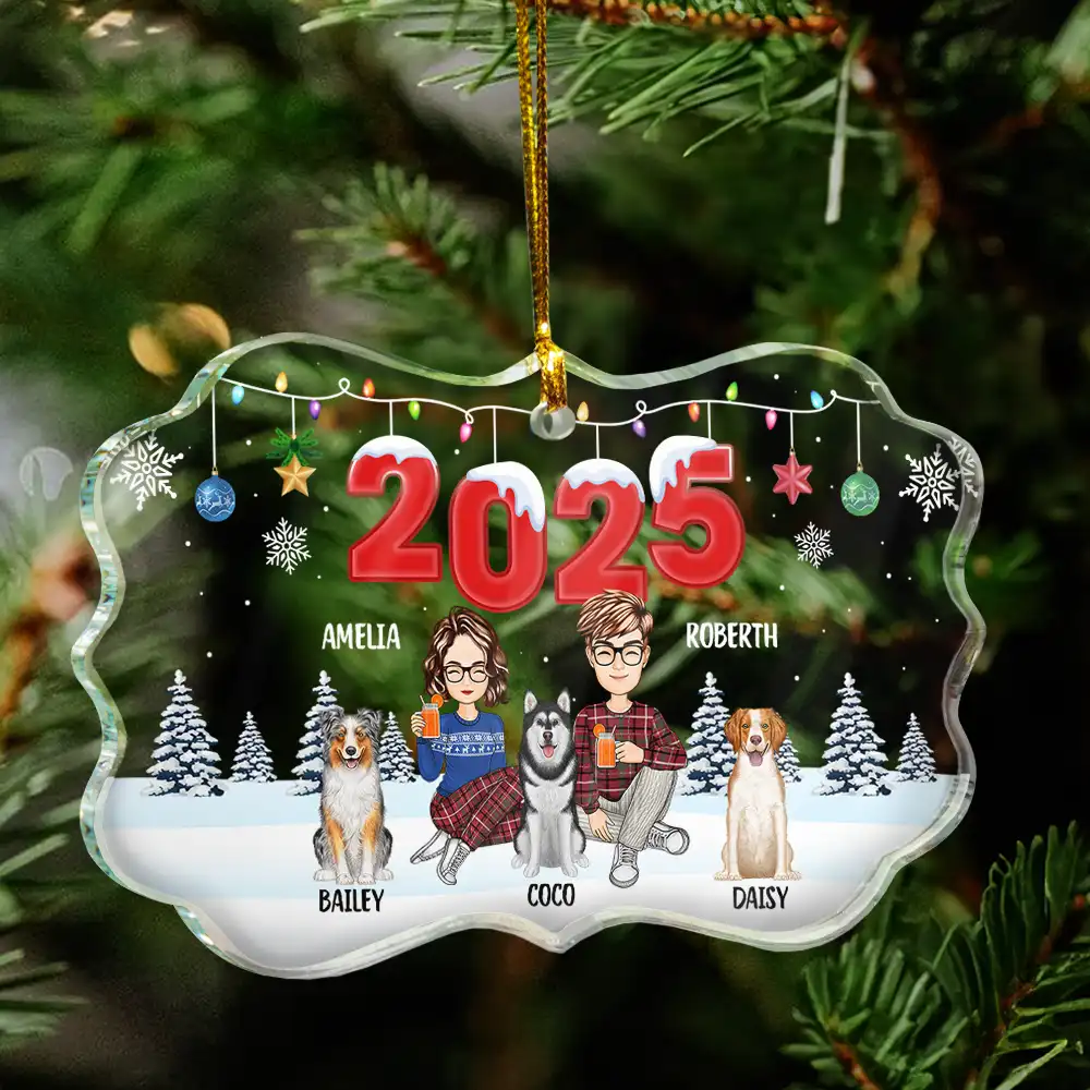 Christmas Cartoon Family Dog Cat - Personalized Medallion Glass Ornament - Image 4