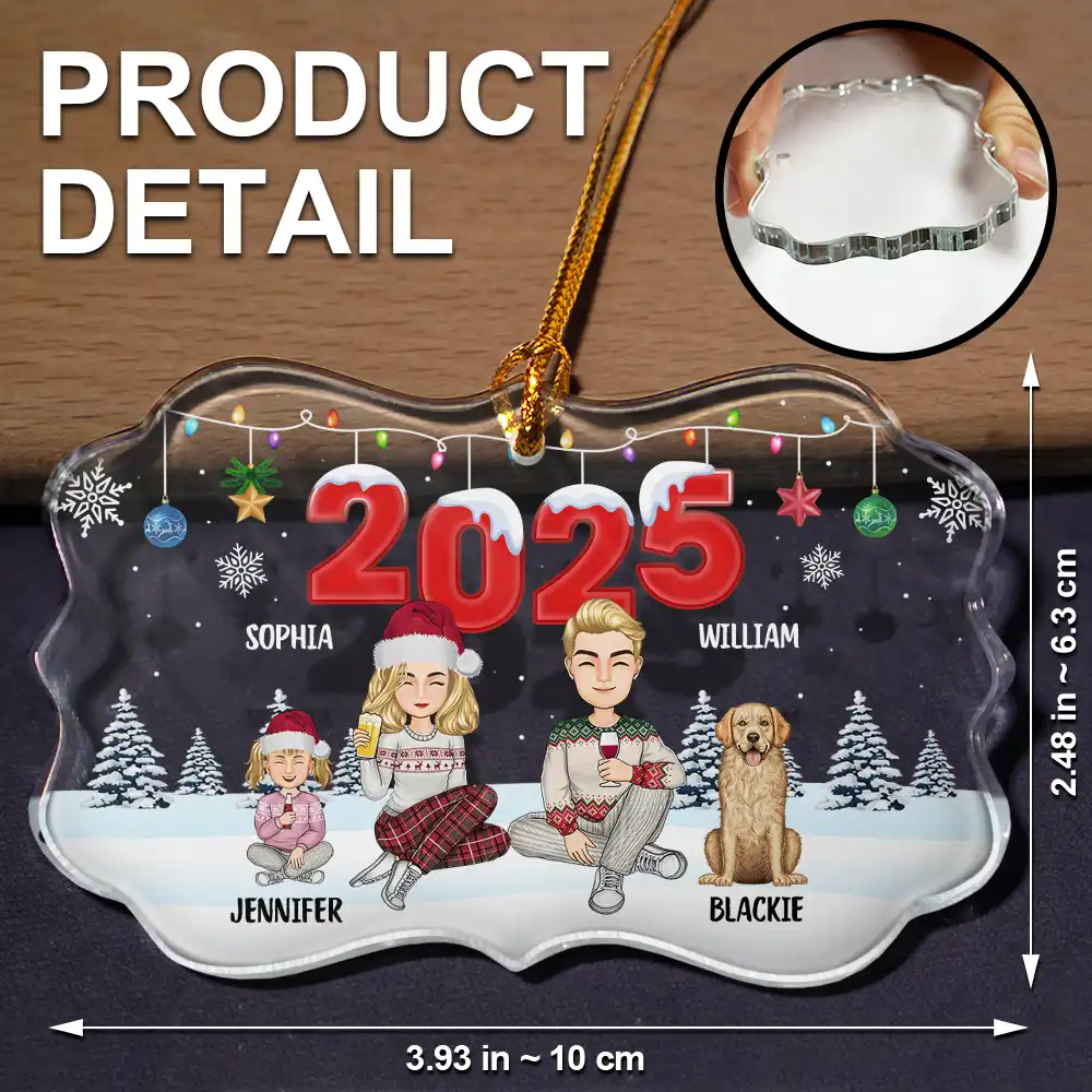 Christmas Cartoon Family Dog Cat - Personalized Medallion Glass Ornament - Image 5