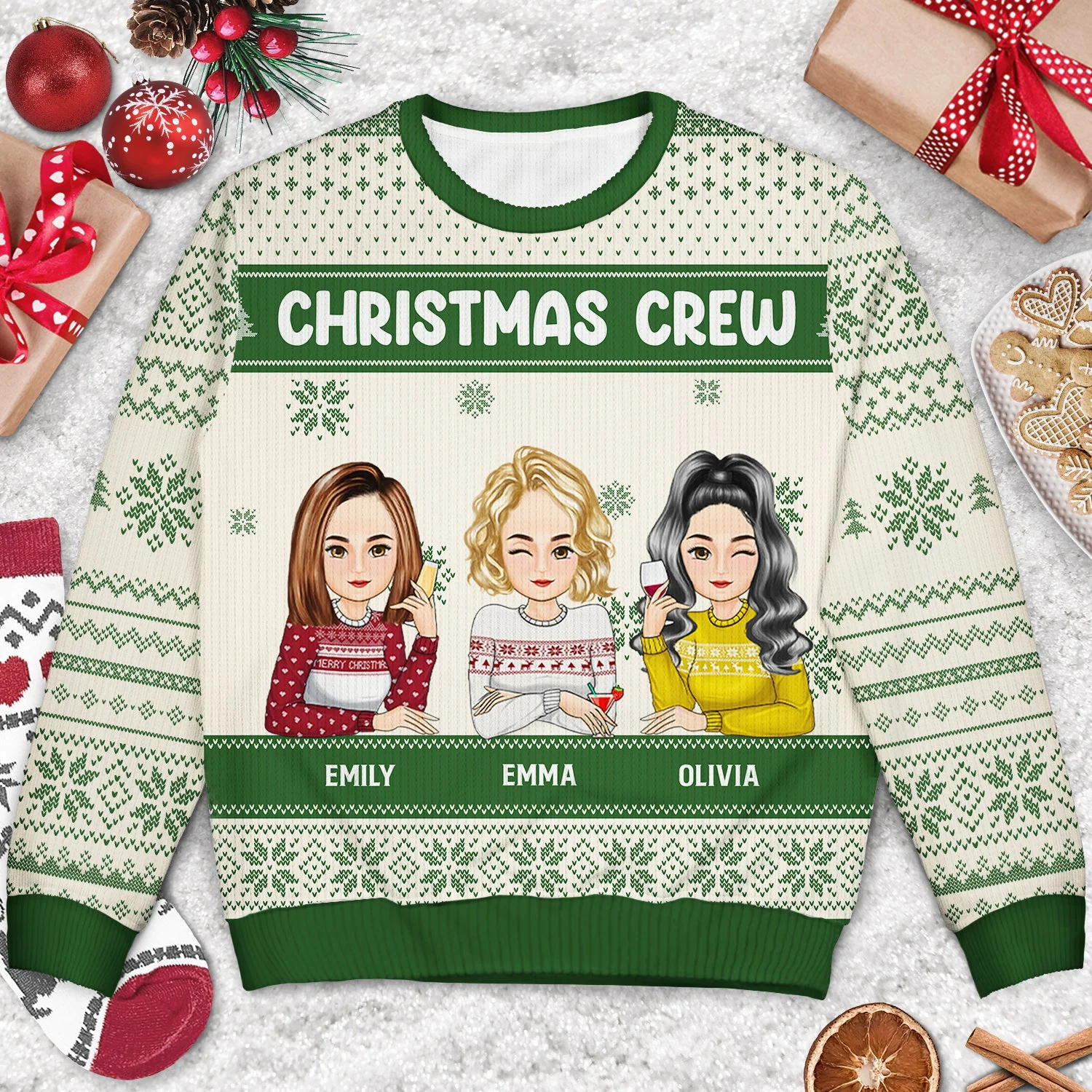 Christmas Cartoon Sitting Christmas Crew - Gift For Besties - Personalized Unisex Ugly Sweater - Image 3