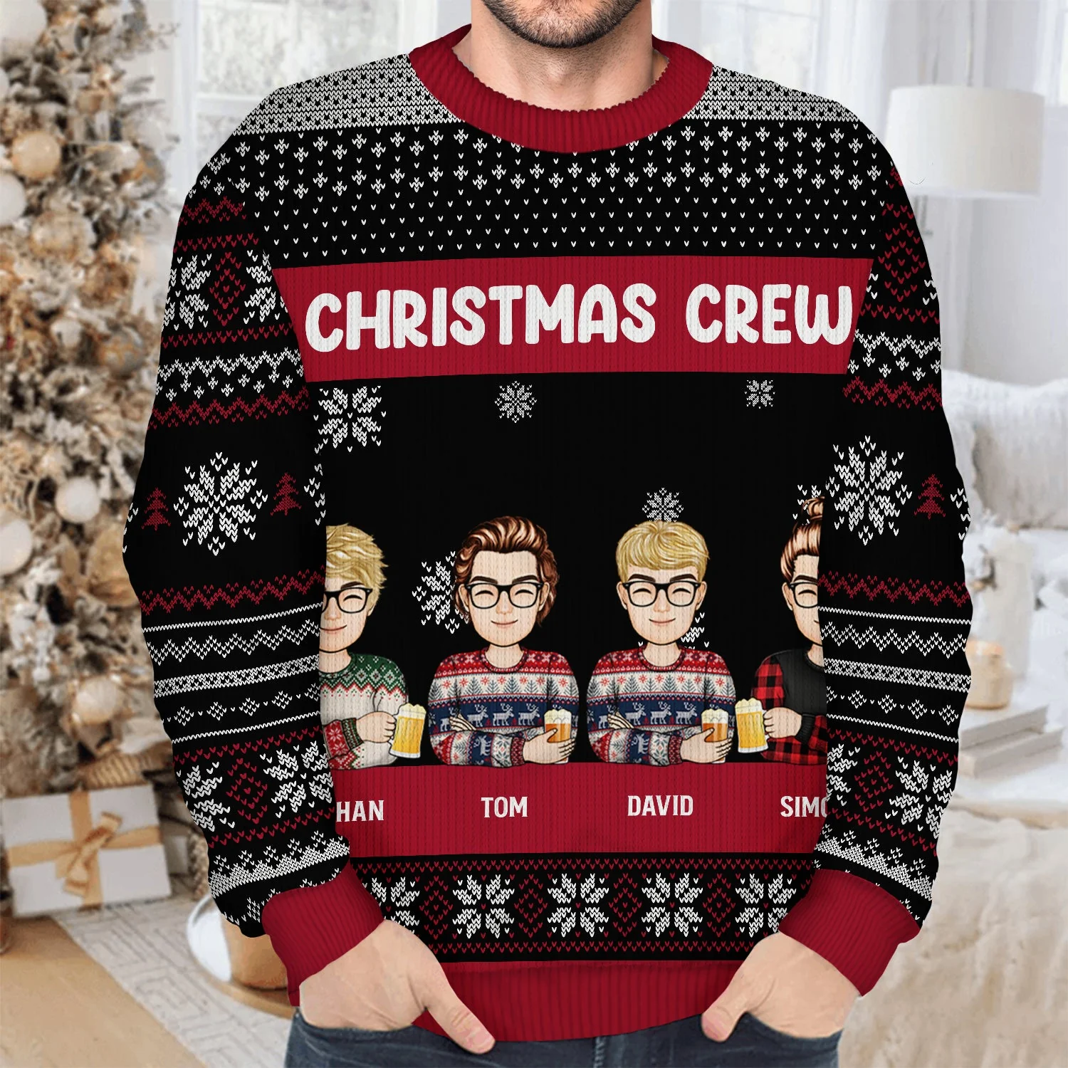 Christmas Cartoon Sitting Christmas Crew - Gift For Besties - Personalized Unisex Ugly Sweater - Image 4