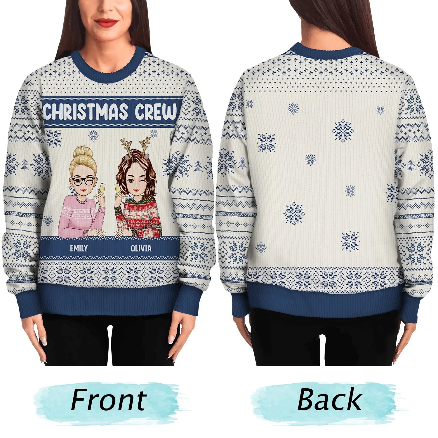Christmas Cartoon Sitting Christmas Crew - Gift For Besties - Personalized Unisex Ugly Sweater - Image 5