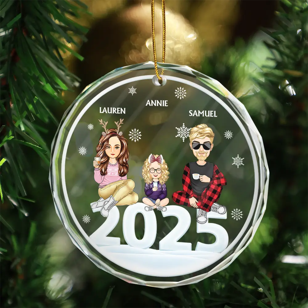 Christmas Cartoon Style 2024 Family Siblings - Personalized Circle Glass Ornament - Image 3