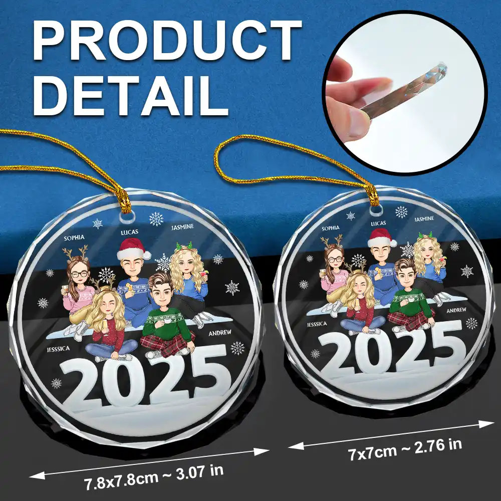 Christmas Cartoon Style 2024 Family Siblings - Personalized Circle Glass Ornament - Image 6