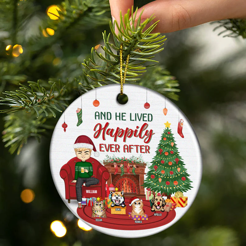 Christmas Cat Dog And She Lived Happily Ever After - Gift For Christmas And Pet Lovers - Personalized Custom Circle Ceramic Ornament - Image 2