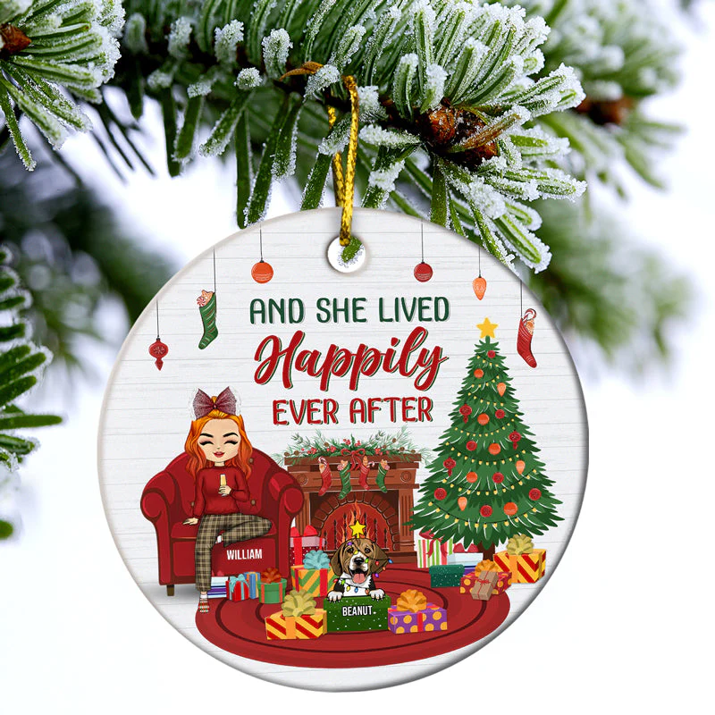 Christmas Cat Dog And She Lived Happily Ever After - Gift For Christmas And Pet Lovers - Personalized Custom Circle Ceramic Ornament - Image 3