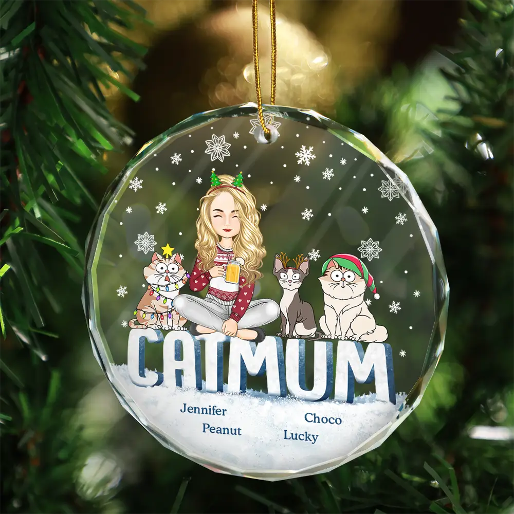 Christmas Cat Mom Cartoon Style - Personalized Circle Glass Ornament - Image 3