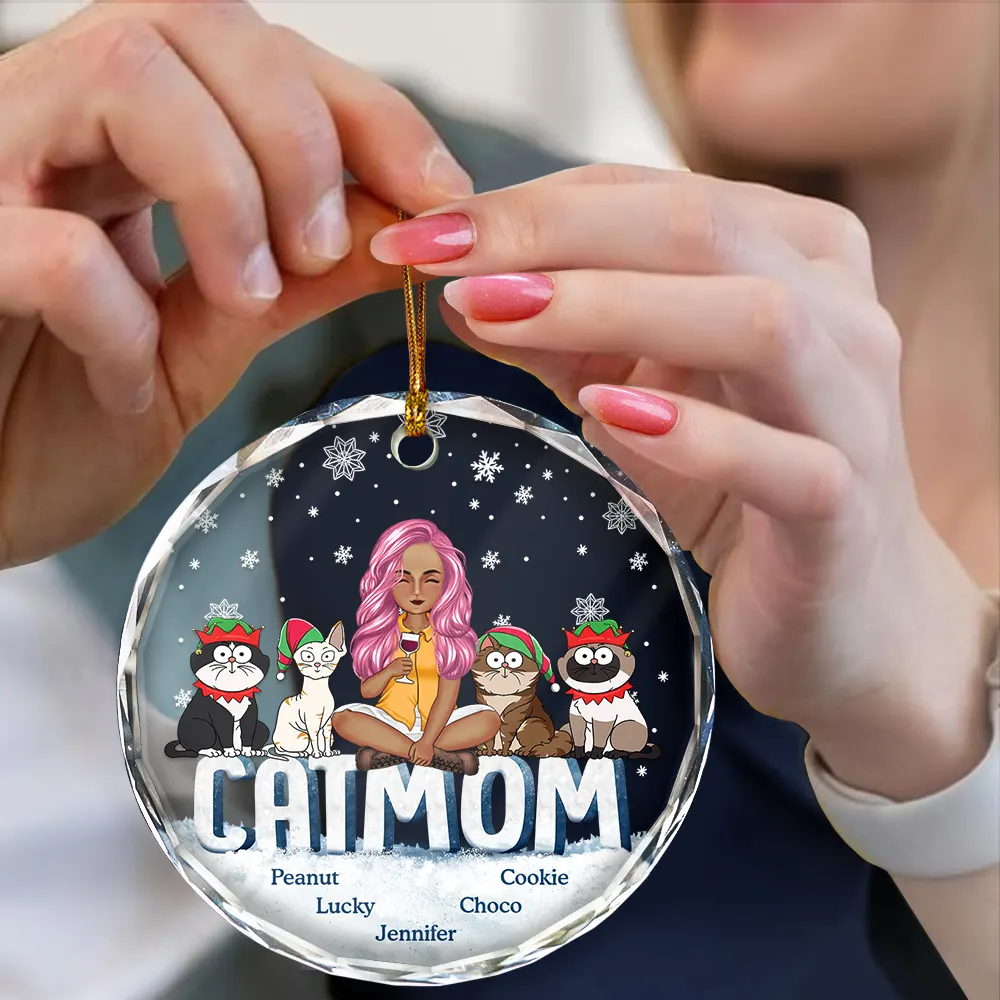 Christmas Cat Mom Cartoon Style - Personalized Circle Glass Ornament - Image 4